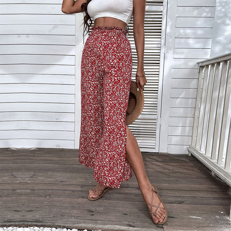 Women's wide high-cut palazzo pants with floral pattern and side leg slit Chichicherry
