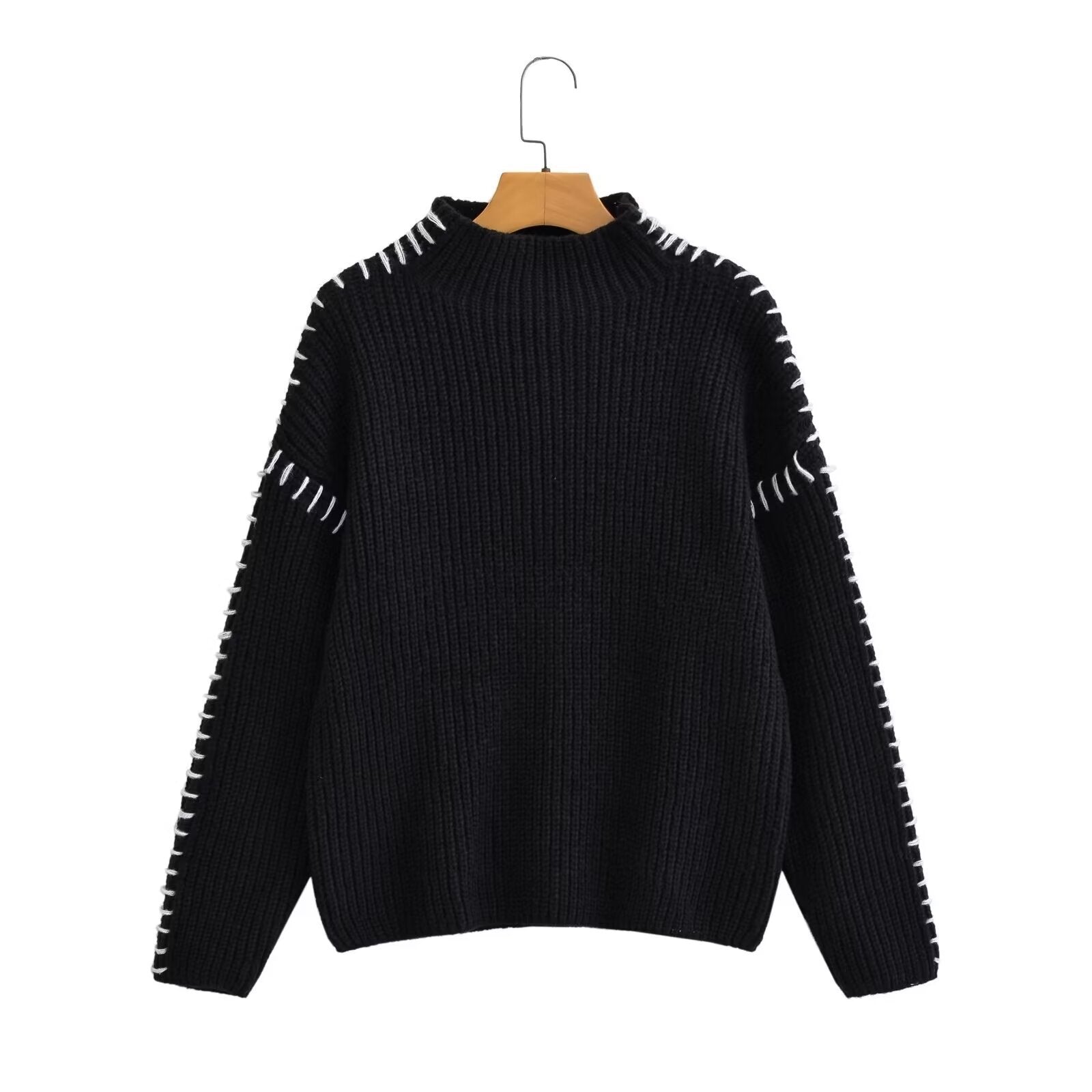Women's Oversize Knit Sweater with Stand Collar, Balloon Sleeves and Decorative Stitch Chichicherry