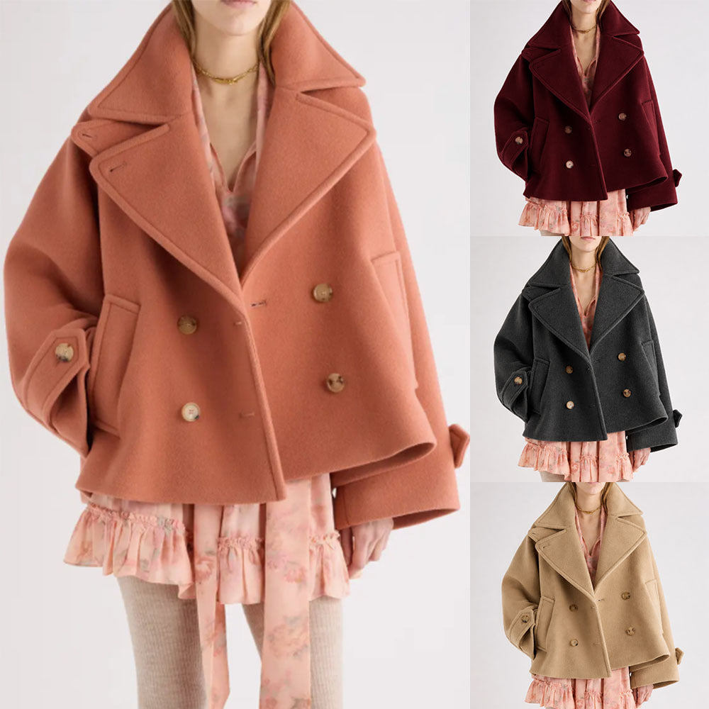 Women's Short Cut Oversized Peacoat made of Wool Blend with Wide Lapel Chichicherry