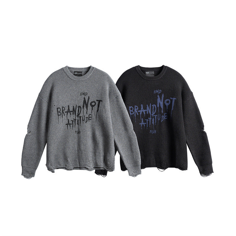 Unisex Oversize Knitted Sweater with Destroyed Details and Statement Print Chichicherry