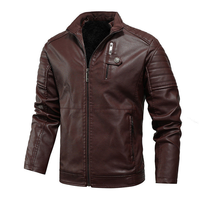 Men's Faux Leather Moto Jacket with Quilted Shoulder Yoke and Warm Teddy Fleece Lining Chichicherry