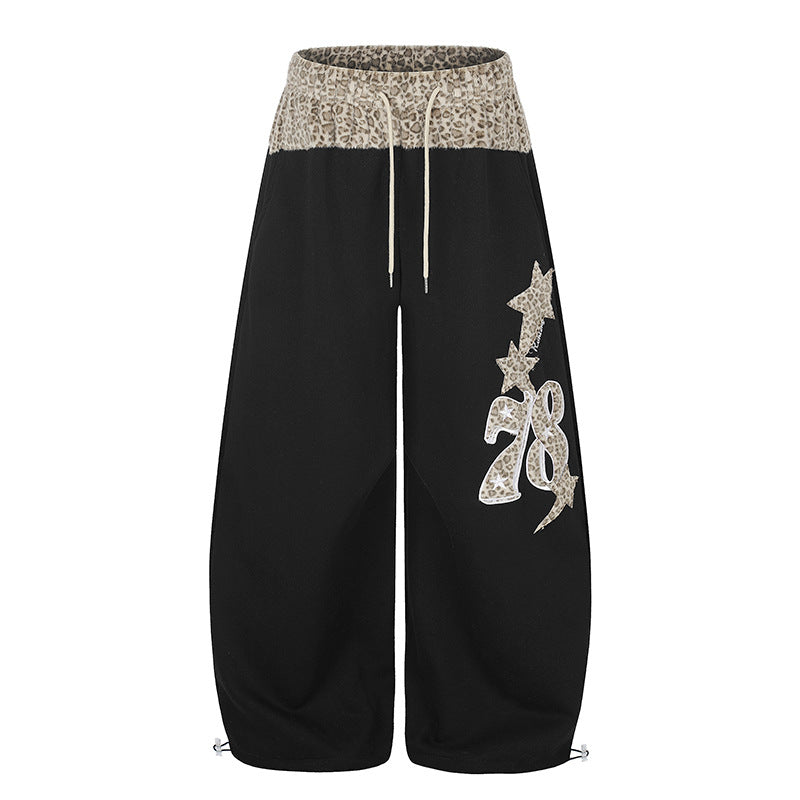 Women Extra Wide Palazzo Lounge Pants with High Comfort Waistband, Leopard Print Band and Decorative Star Number Appliqué Chichicherry