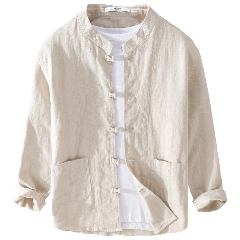 Men's Relaxed Linen Overshirt with Stand-Up Collar and Traditional Knot Closures Chichicherry