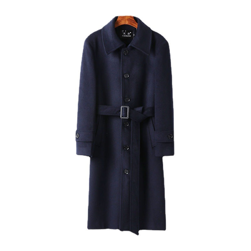 Men's tailored maxi long wool blend coat with tie belt and Kent collar Chichicherry