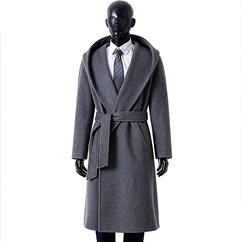 Women's Maxi Length Hooded Coat made of Wool Blend with Tying Belt and Soft Lining Chichicherry