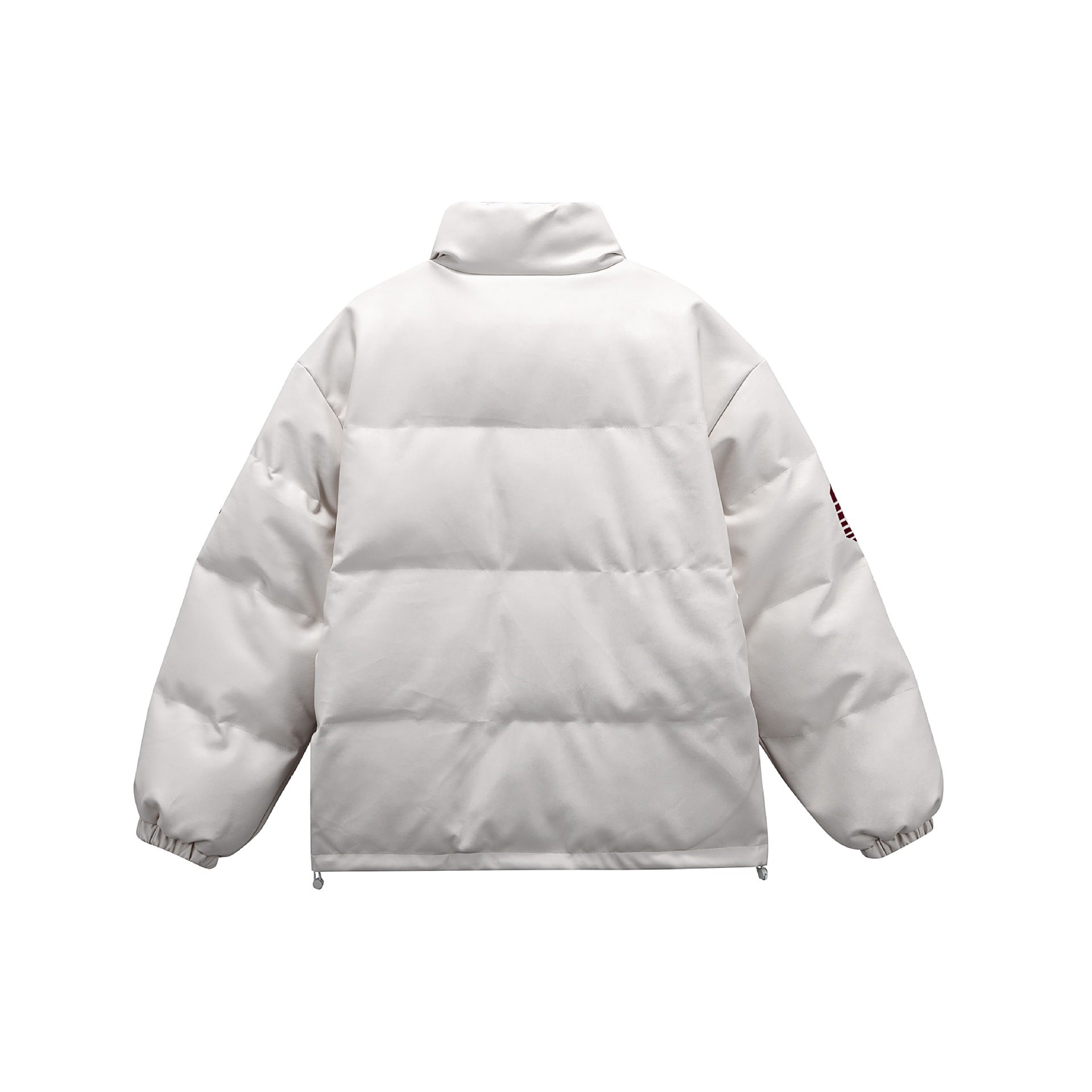 Unisex Short padded college puffer jacket with high stand-up collar, appliqués and drawstring hem Chichicherry