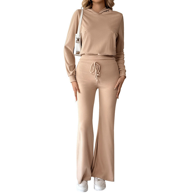 Women's Casual Lounge Set with Hooded Top and High-Waisted Flared Pants Chichicherry
