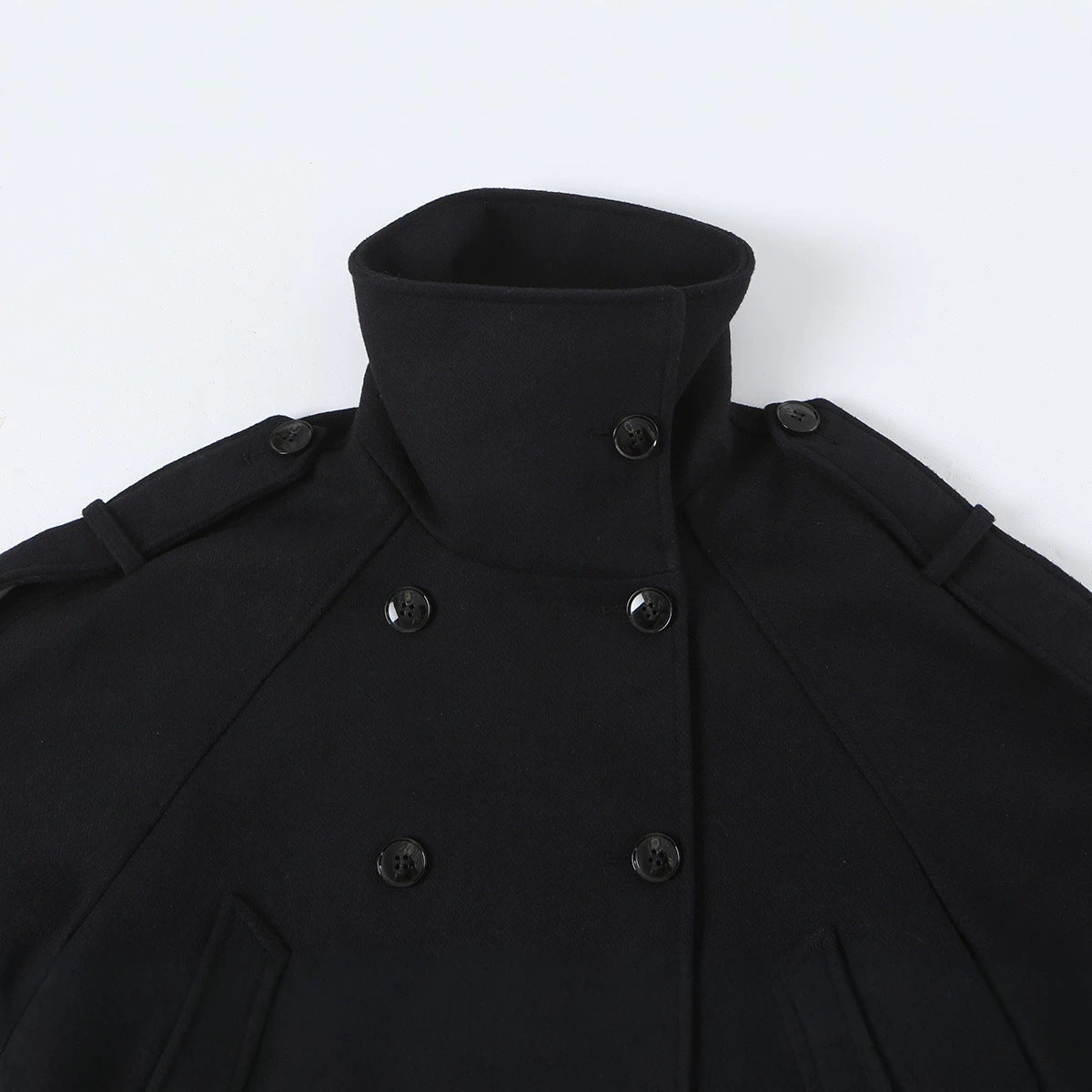 Women's Short Double-Breasted Peacoat with High Standing Collar and Shoulder Straps Chichicherry