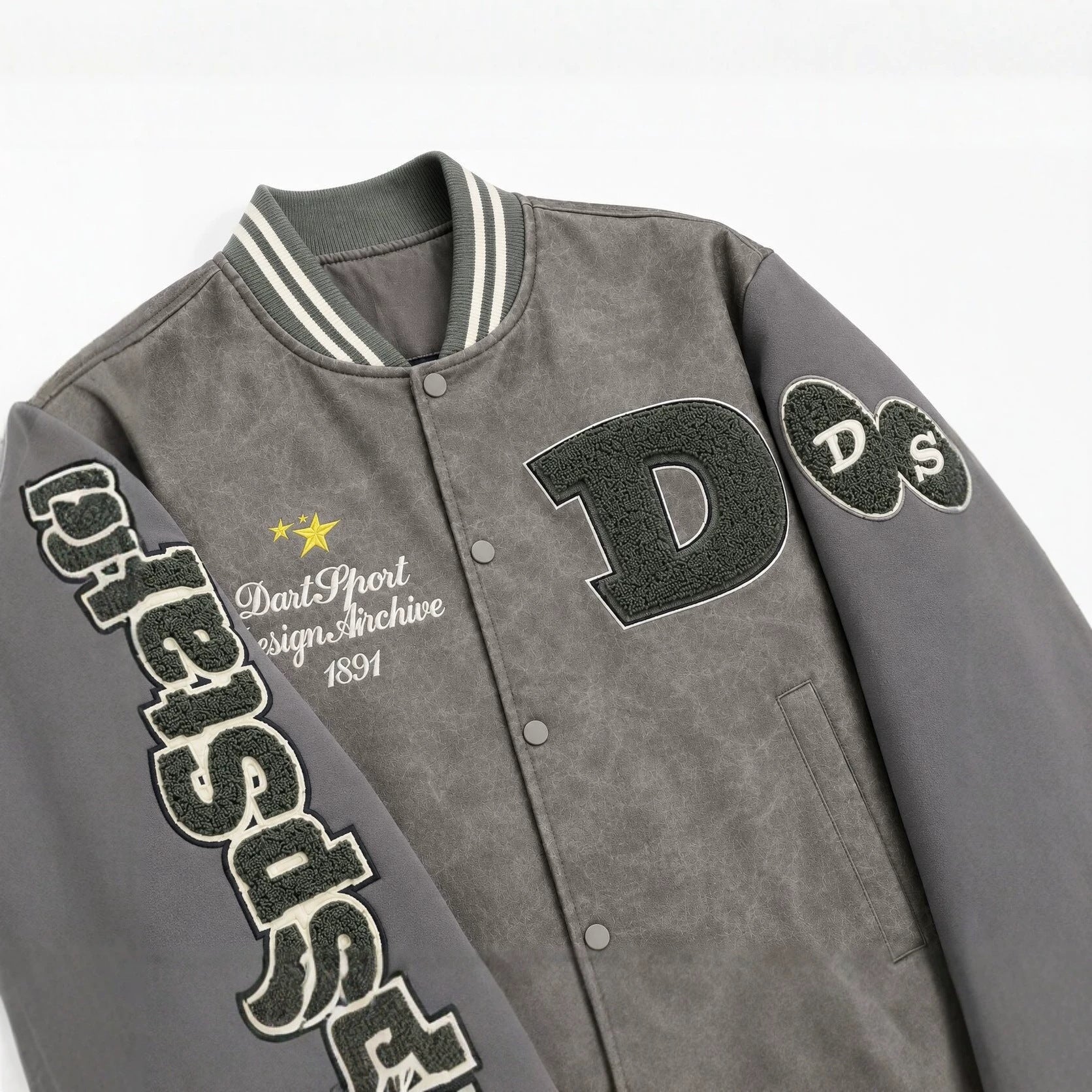 Men's varsity bomber jacket in college style made of faux leather with appliqués Chichicherry