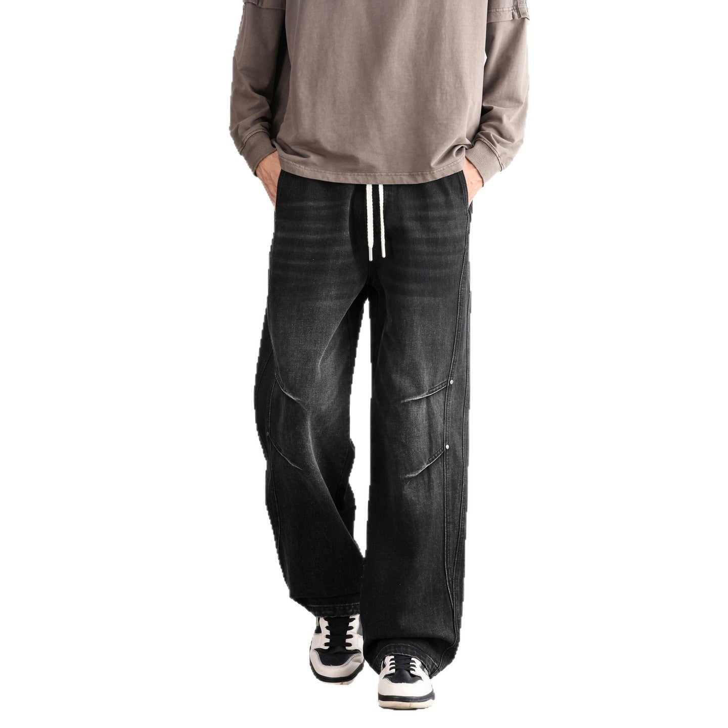 Men's Loose Fit Denim Pants with Drawstring Waistband, Panel Seams and Used Wash Chichicherry