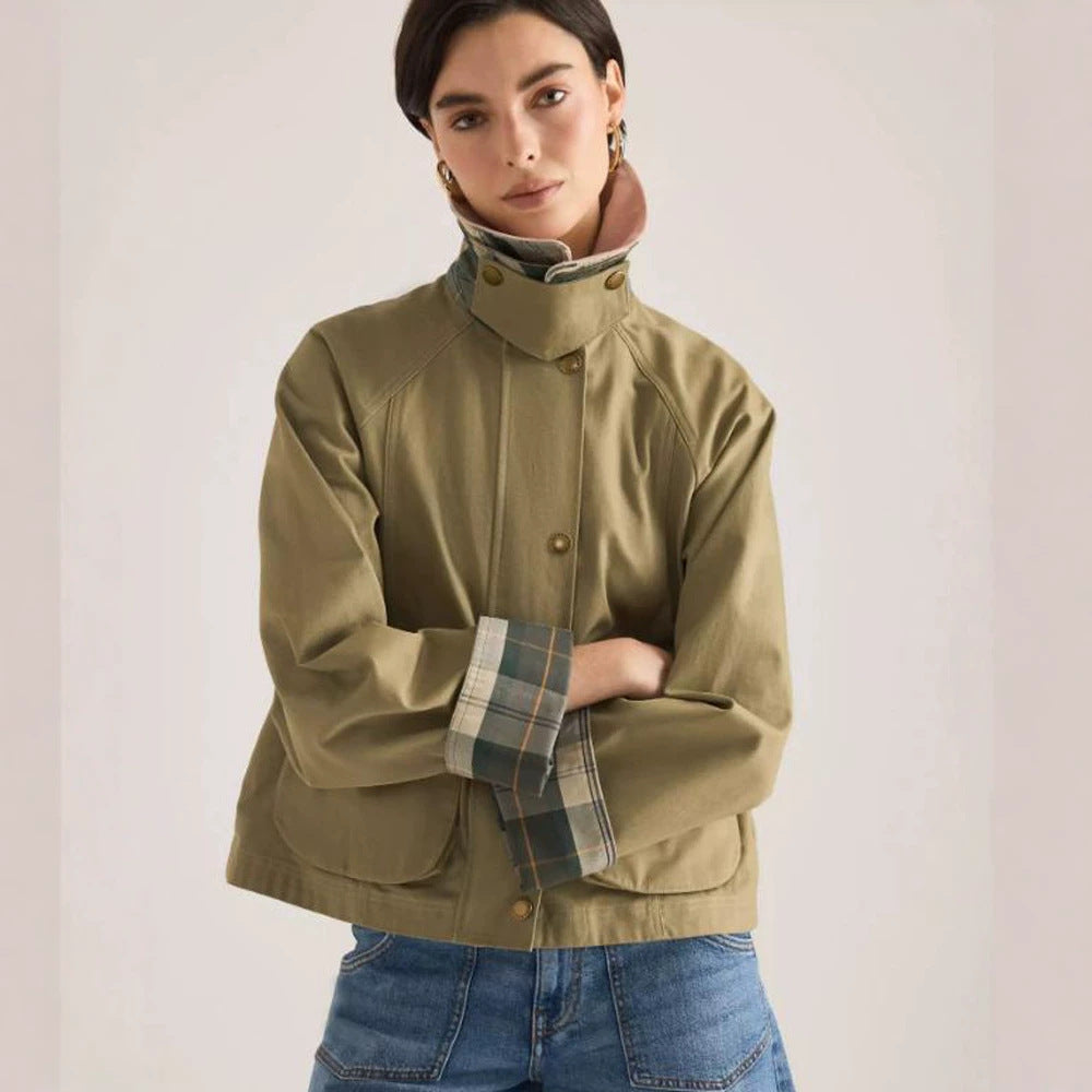 Women's transitional jacket with corduroy collar, checkered inner cuffs, and patch pockets Chichicherry