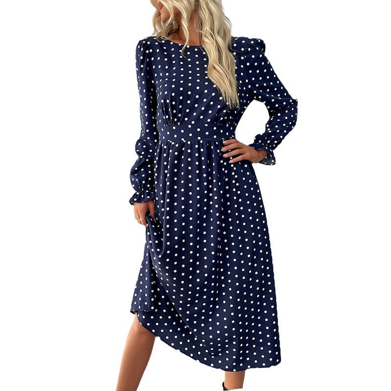 Women's Polka Dot Midi Dress with Ruffled Waist and Balloon Sleeves Chichicherry