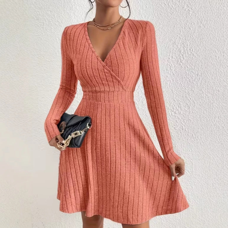 Women's knitted dress with wrap V-neck, tailored waist and flared A-line skirt Chichicherry