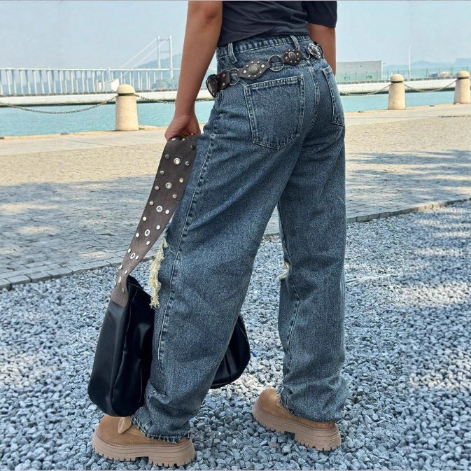 Women's Wide Vintage Ripped Jeans with High Waist, Large Knee Rips and Relaxed Straight Leg Chichicherry