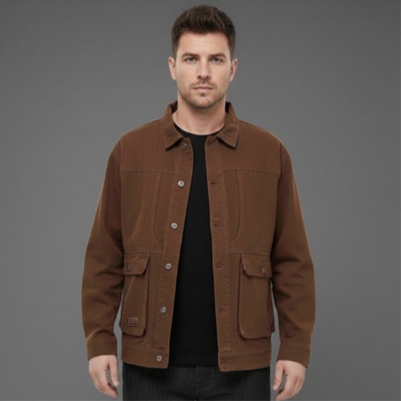 Men's Canvas Utility Overshirt with Large Flap Pockets and Relaxed Fit Chichicherry