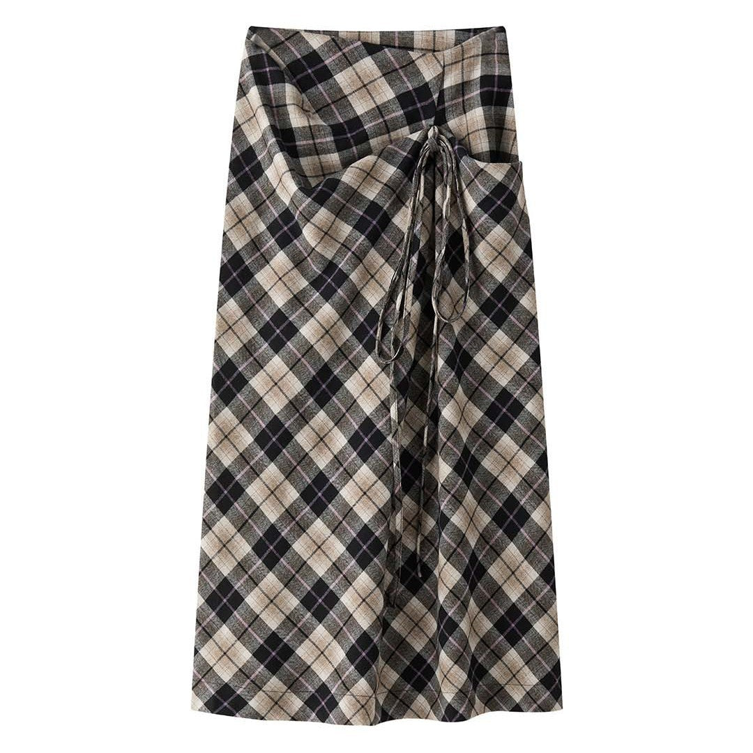 Women's Wide Checked Maxi Skirt with Drawstring and Layered Ruffles Chichicherry