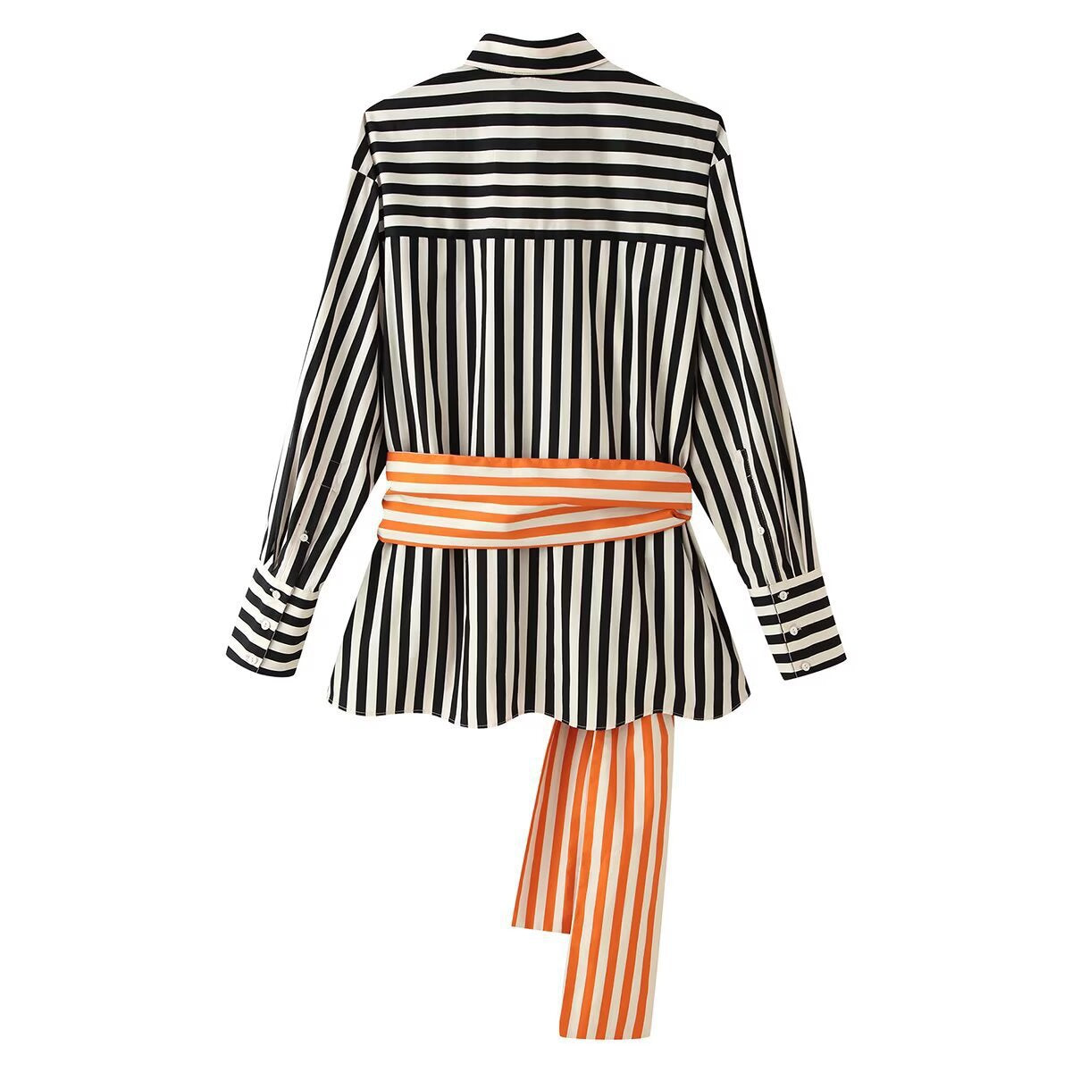 Women's Striped Shirt Blouse with Long Sleeves and Contrasting Waist Belt Chichicherry