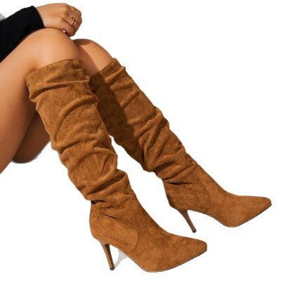 Ladies Ruched Knee-high Velour Boots with Pointed Toe and Sleek Stiletto Heel Chichicherry