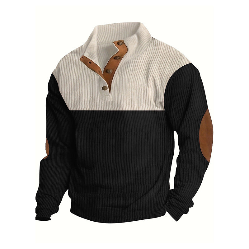 Men's Structured Half-Button Sweater with Stand Collar, Ribbed Texture and Elbow Patches Chichicherry