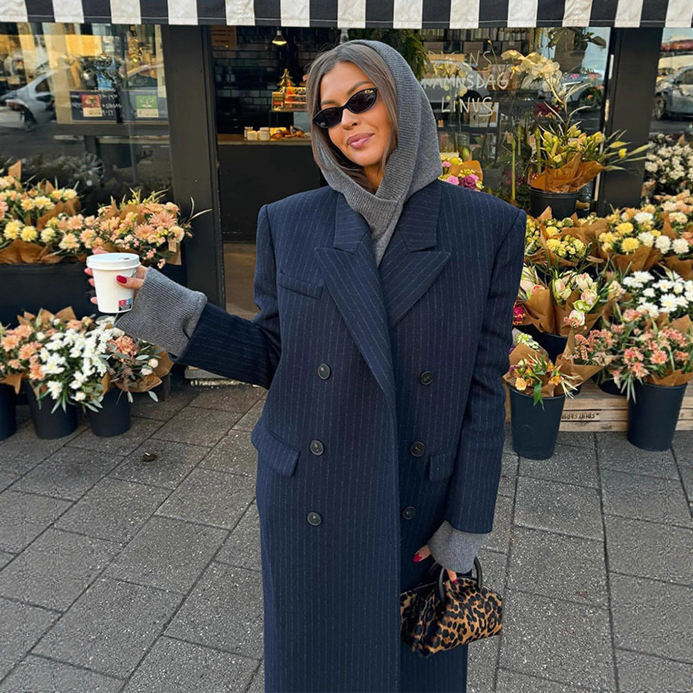 Women's Maximum Oversized Coat in Pinstripe Look with Double-Breasted Button Placket and Long Silhouette Chichicherry