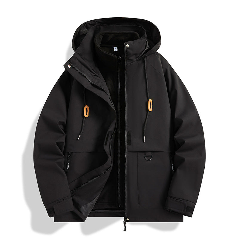 Men's Multi-layer Softshell Utility Jacket with Integrated Fleece Inner Jacket, Drawstring Hood and Multi-functional Pockets Chichicherry
