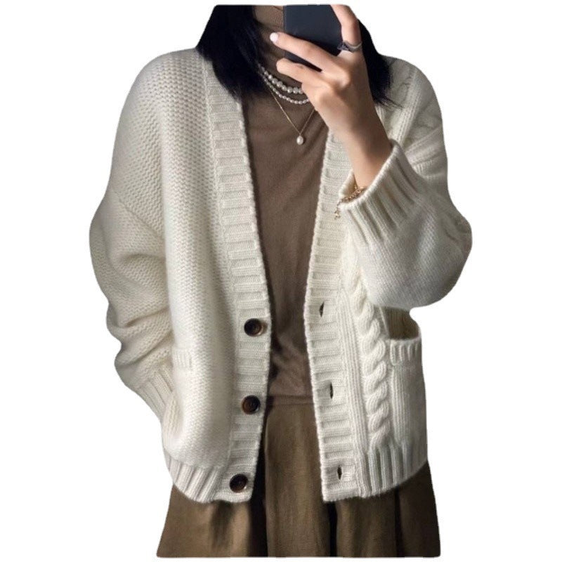 Women's Oversized Knit Cardigan with Cable Detail, Pockets, and Button Placket Chichicherry