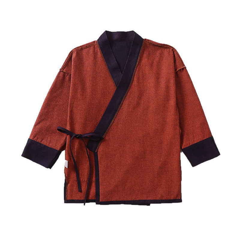 Unisex Lightweight Wrap Kimono Jacket made of Linen-Cotton Blend with Contrast Trim and Tie Belt Chichicherry