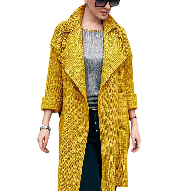 Women Long Open Knit Coat with Shawl Collar and Cuffed Sleeves Chichicherry