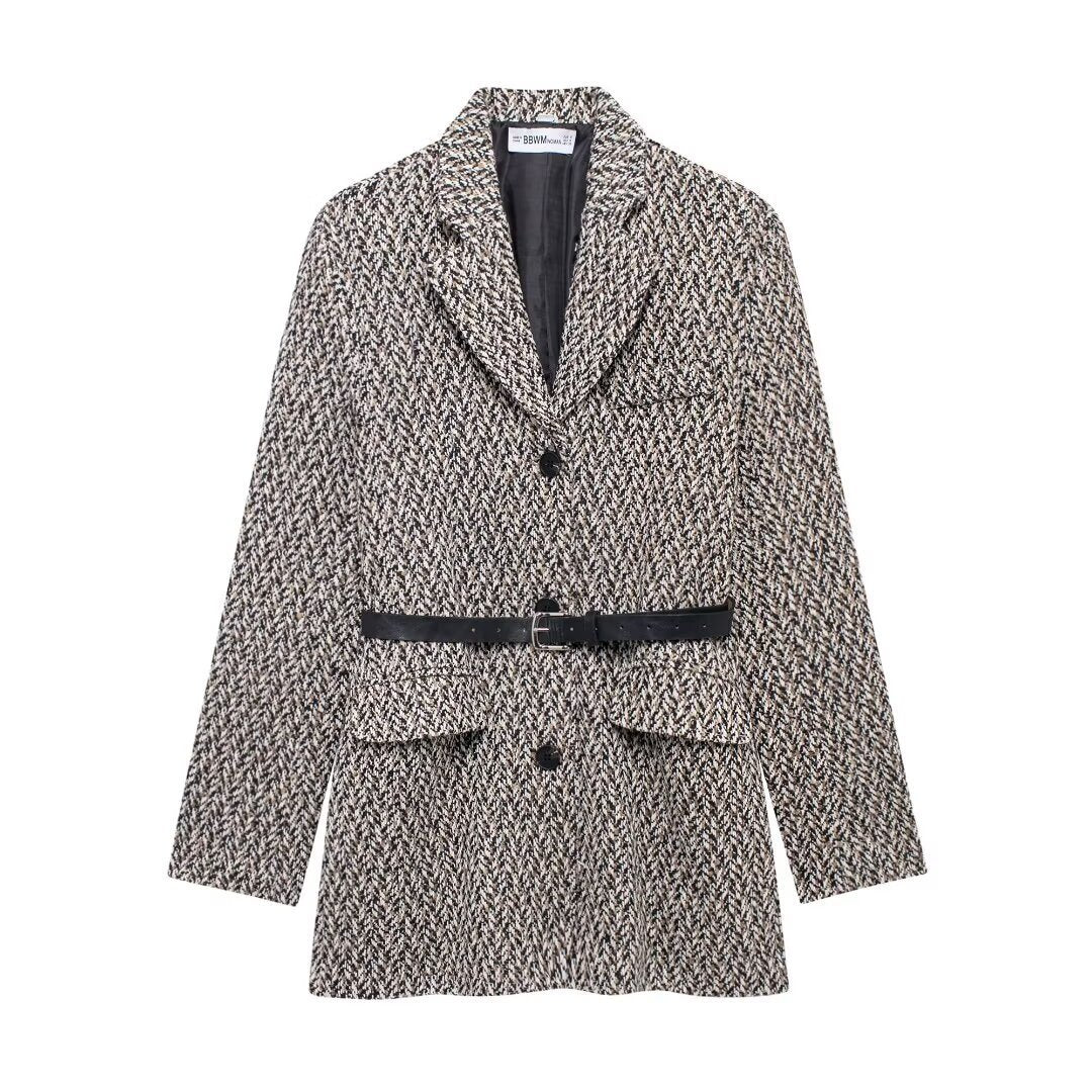 Women's Midi Length Boucle Tweed Blazer Jacket with Faux Leather Belt Chichicherry