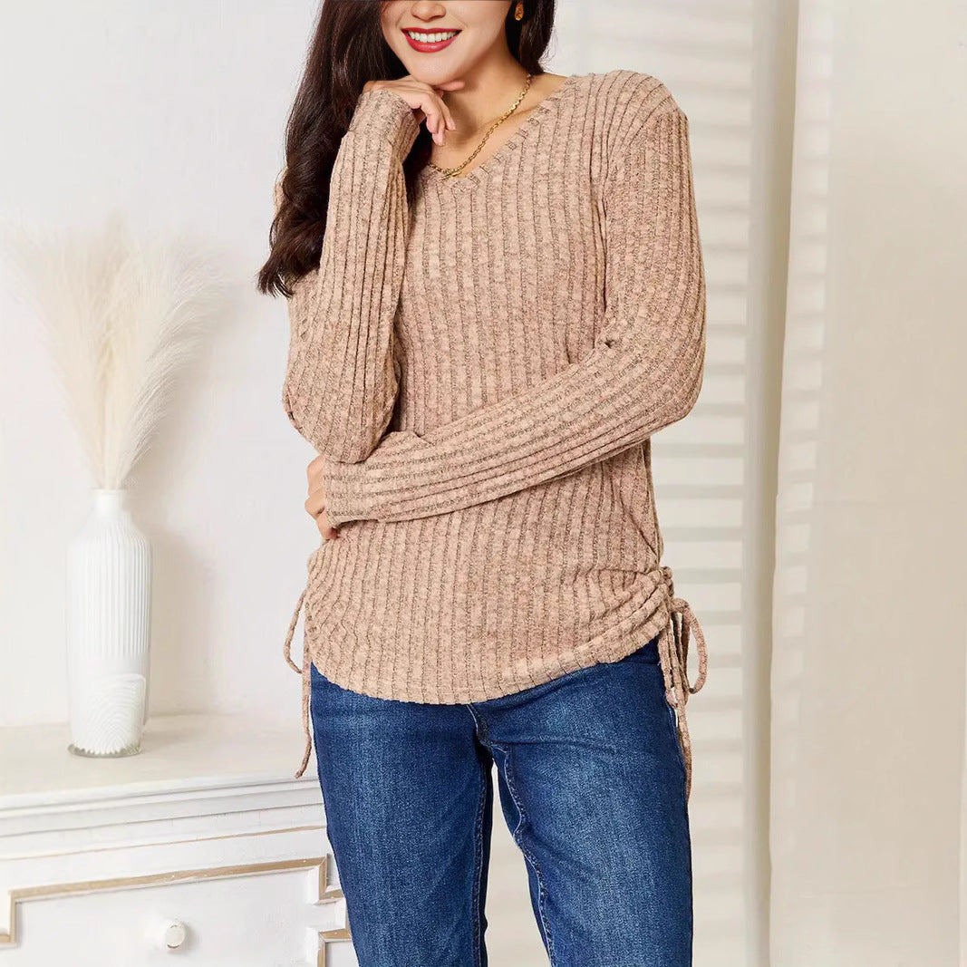 Women's Ribbed Fine Knit Long Sleeve with V-Neck and Side Drawstring Chichicherry