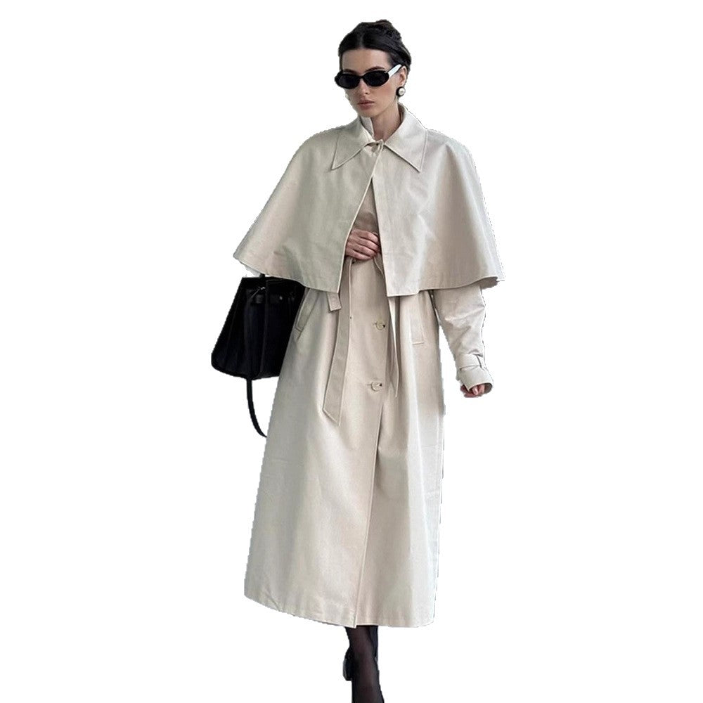Women's Long Tailored Trench Coat with Detachable Cape and Tied Belt Chichicherry