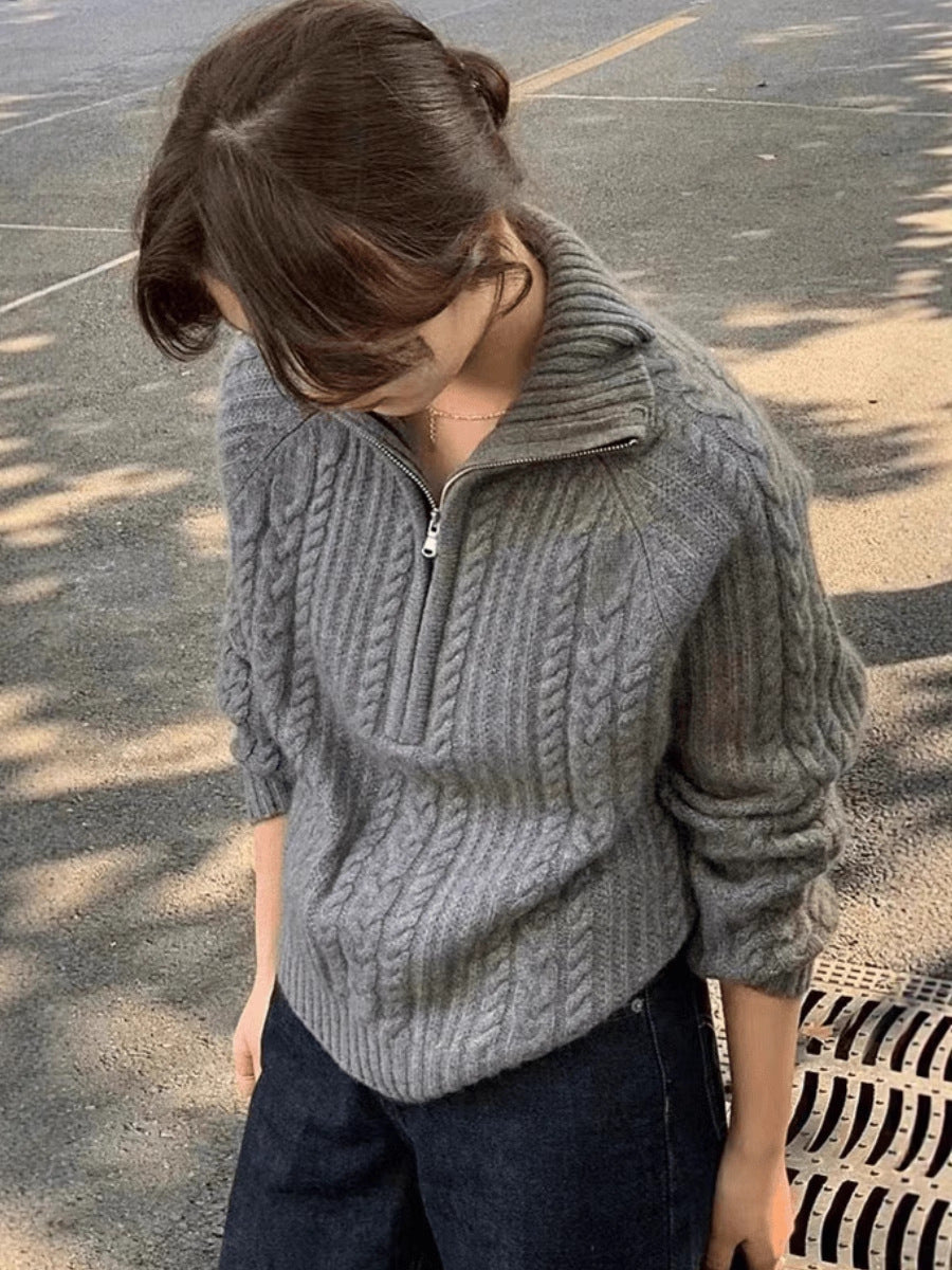 Ladies cable knit polo collar sweater with half zipper and soft mohair look Chichicherry