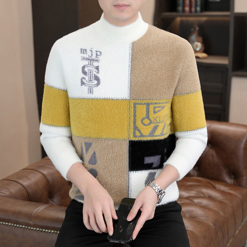 Herren Gemusterter Rollkragenpullover aus flauschigem Bouclé‑Mix mit Patch‑Intarsien Chichicherry