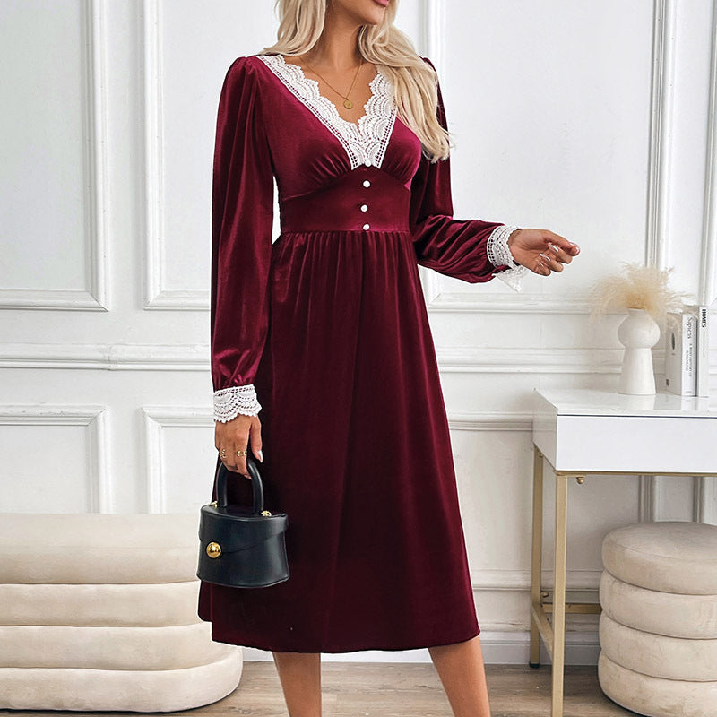 Women's velvet midi dress with lace decoration, V neckline and fitted empire silhouette.