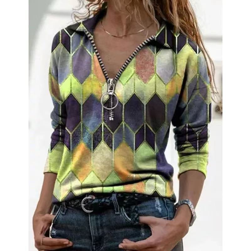 Women's zip pullover with polo collar, graphic diamond print and slim fit Chichicherry