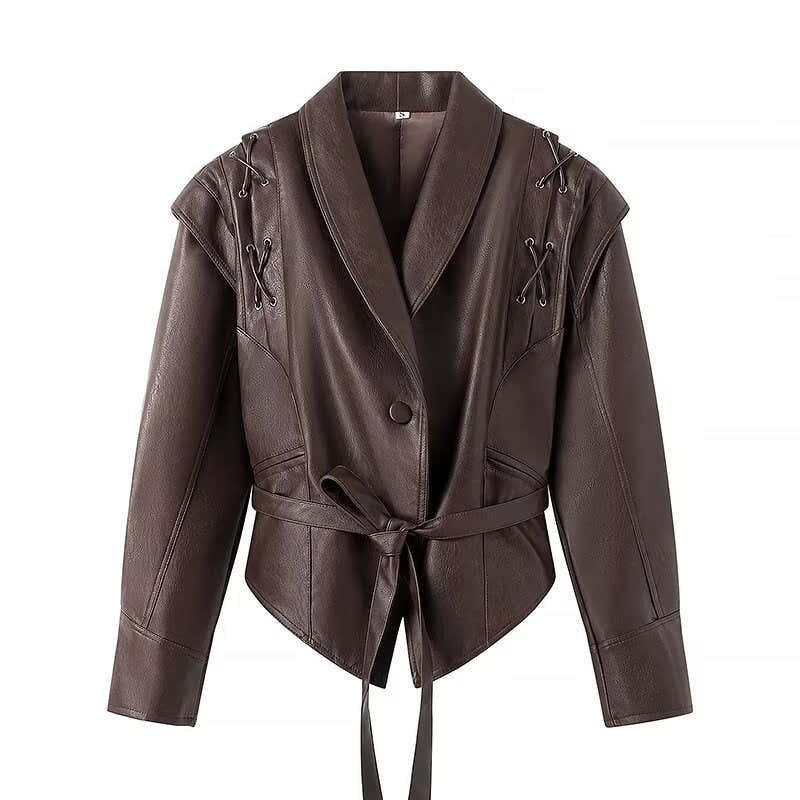 Women's Wrap Leather Jacket with Waist Belt, Emphasized Shoulder Area and Feminine Silhouette Chichicherry