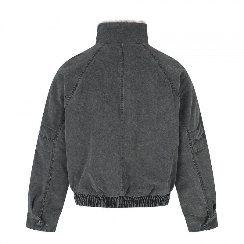Women's Short Cut Corduroy Look Blouson Jacket with Faux Fur Lining and High Standing Collar Chichicherry