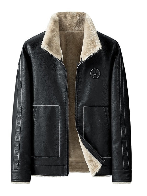 Men's Faux Leather Pilot Jacket with Sherpa Lining and Zip Chichicherry