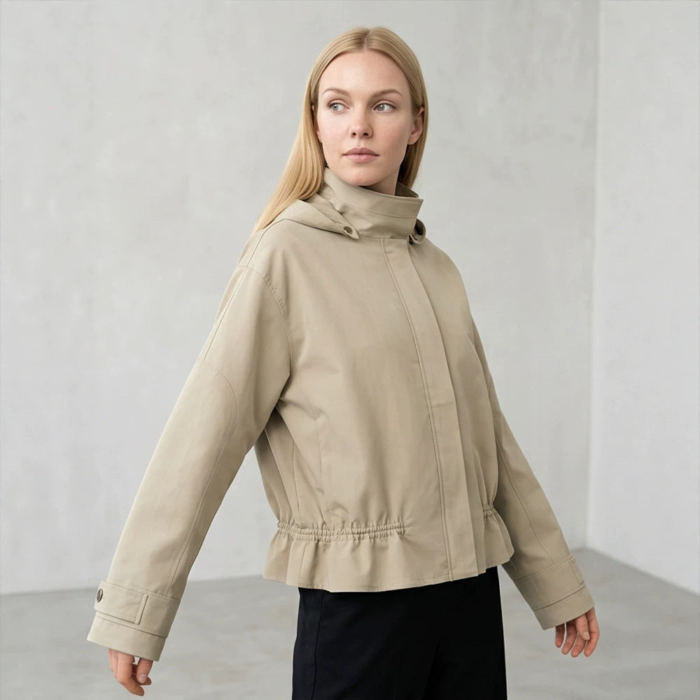 Women Short Vegan Leather Jacket with Hood, Concealed Snap Button Placket and Drawstring Hem Chichicherry
