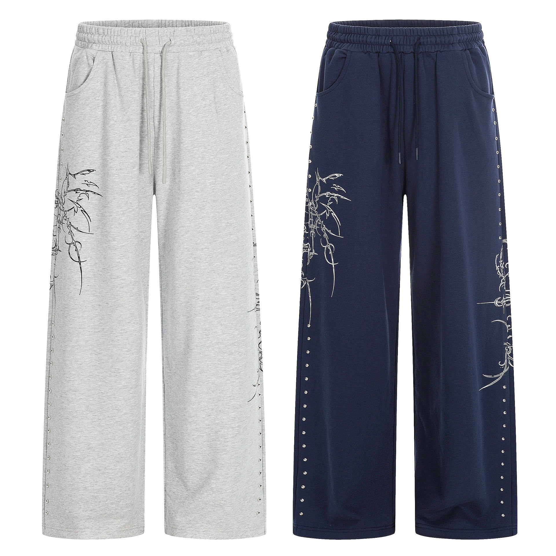 Women's Loose Sweatpants with Drawstring, Decorative Studs and Graphic Print Chichicherry