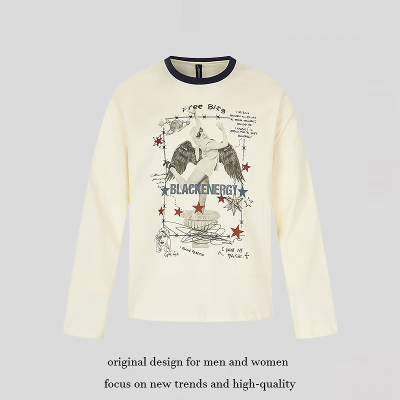 Women's long-sleeve shirt with vintage illustration, contrast collar and relaxed fit Chichicherry