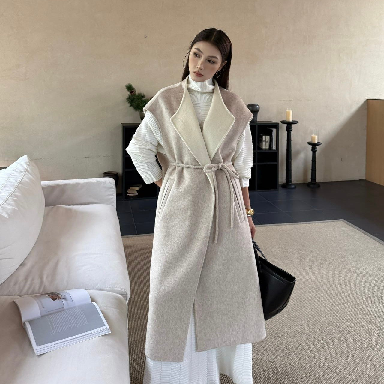 Women Maximal sleeveless wool coat with shawl collar and tie belt Chichicherry