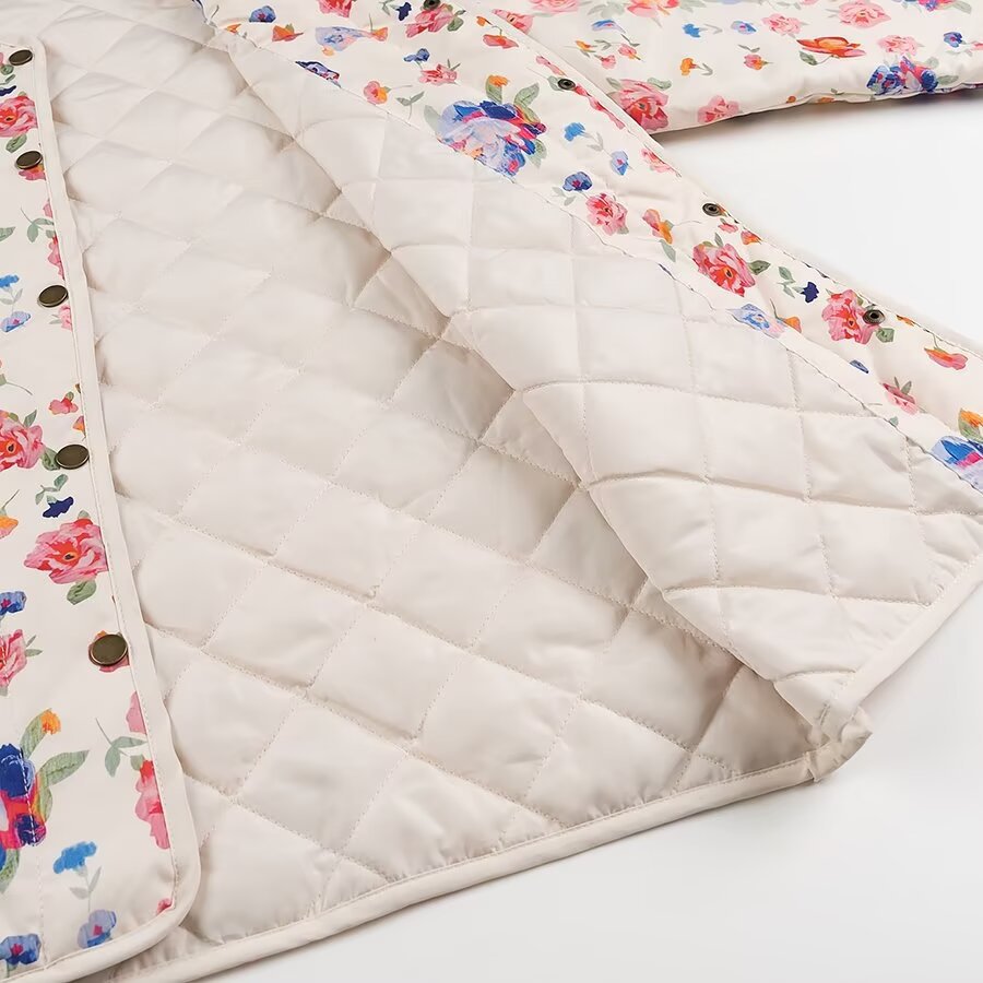 Women's Quilted Transitional Jacket with Round Neckline, Snap Button Closure and Patch Pockets Chichicherry