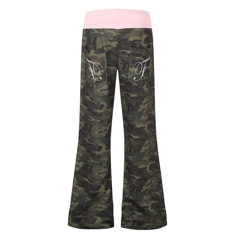 Women's Palazzo lounge pants with high rolled waistband, drawstring, and camouflage pattern Chichicherry