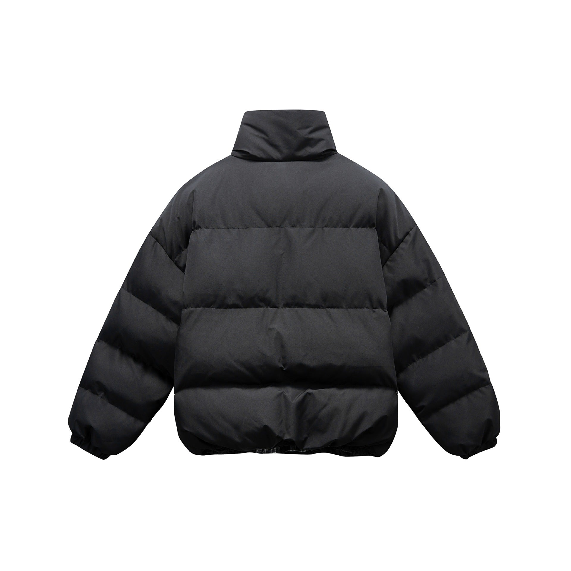 Unisex short boxy padded insulation jacket with extra high stand-up collar and checked lining Chichicherry