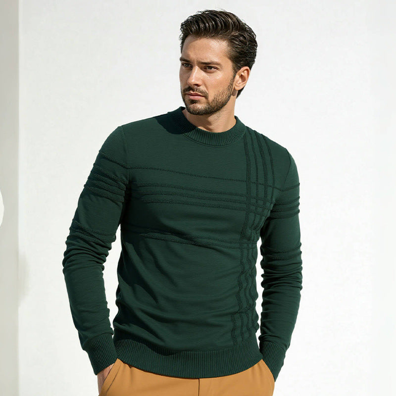 Men's Structured Fine Knit Pullover with Round Neck and Decorative Stripe Relief Seams Chichicherry