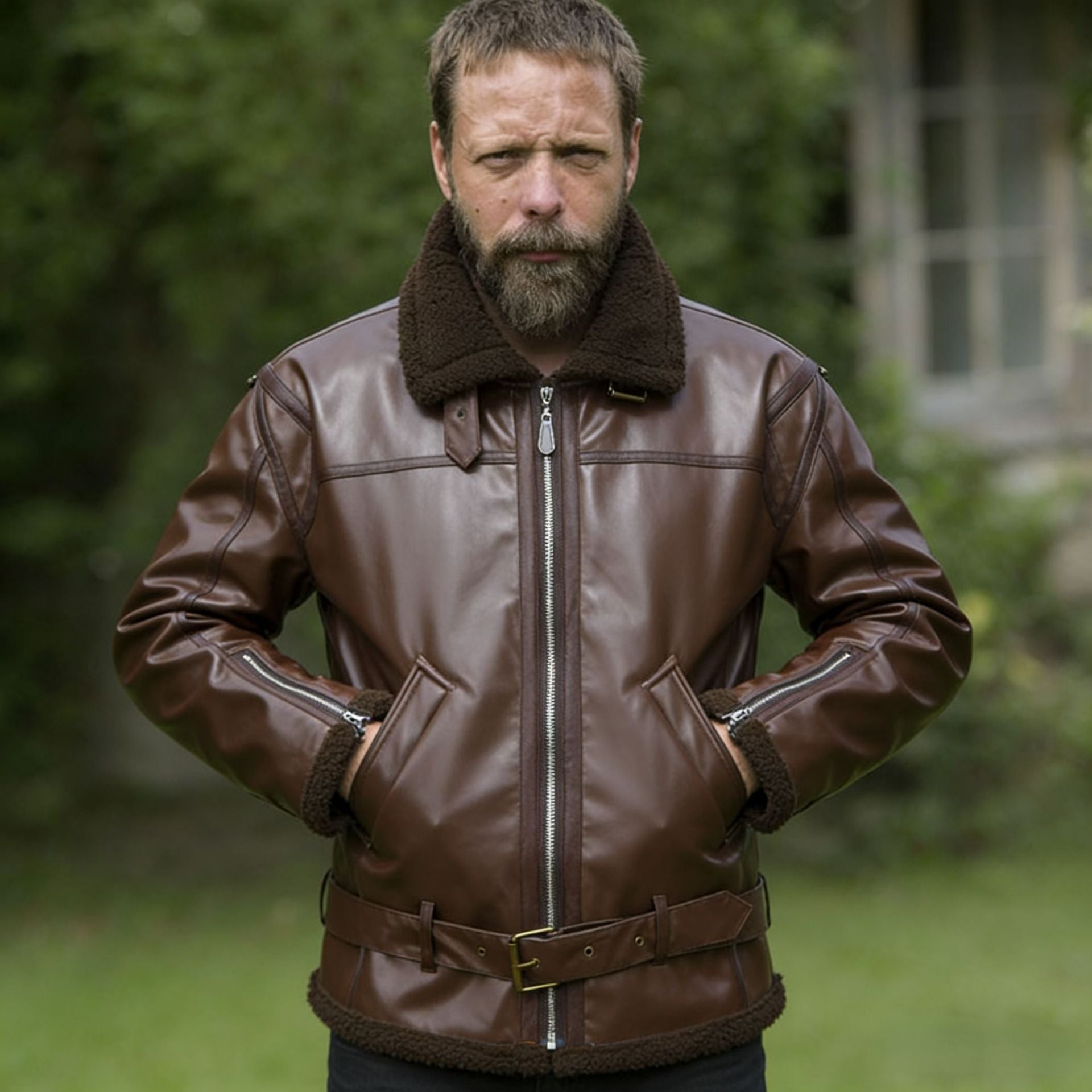 Men's faux leather aviator jacket with teddy lining, zip pockets, and waist belt Chichicherry