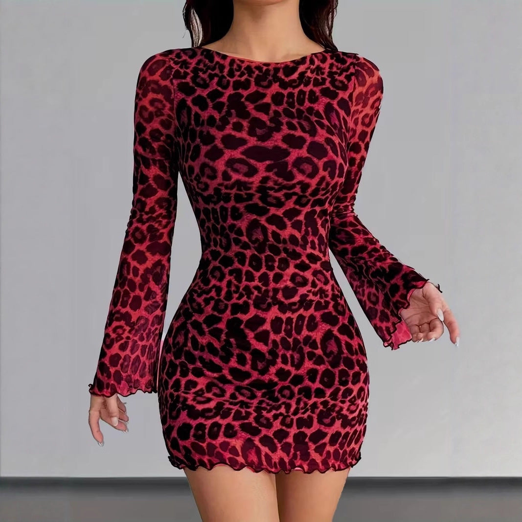 Women's Figure-Hugging Mesh Mini Dress with Leo Print and Long Sleeve Chichicherry