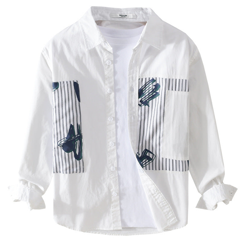 Men's Casual Overshirt made of cotton poplin with striped patch inserts and brush print Chichicherry