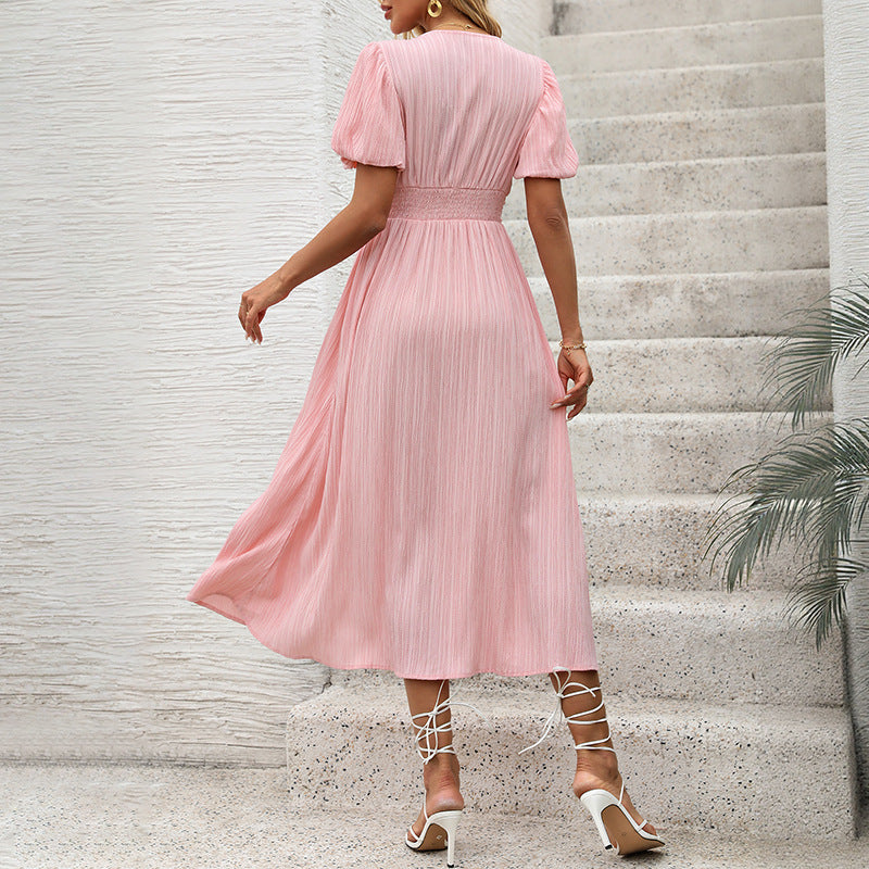 Ladies figure-flattering midi dress with ribbed texture, puff sleeves, and V-neck Chichicherry